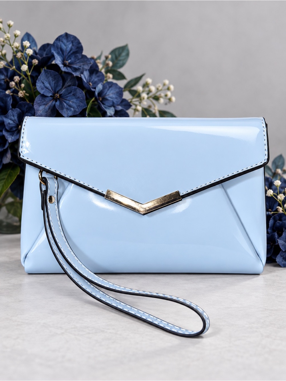 Urban Expressions Light Blue Patent Wristlet Clutch with Gold V Accent
